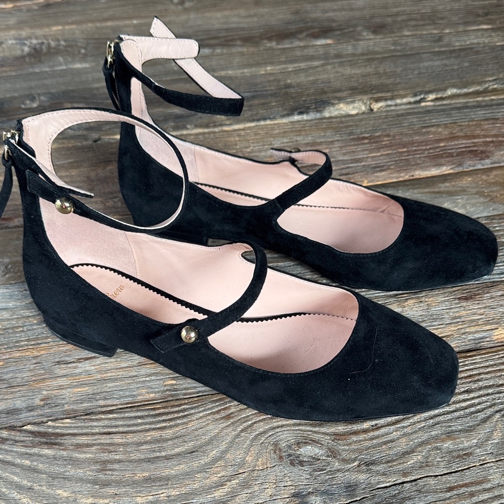 J Crew black suede Poppy Mary Jane ankle strap flat EUC size 9